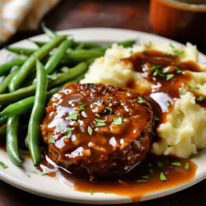 salisbury steak with mashed potatoes and green beans